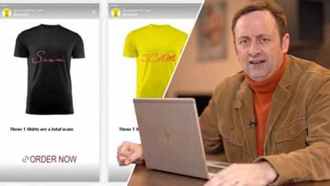 Split image between fake t-shirt website and Matt Allwright. 