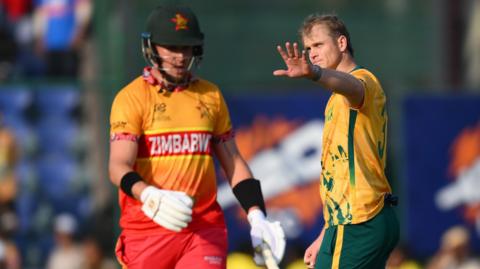 South Africa's Corbin Bosch (right) celebrates the dismissal of Zimbabwe's Brad Evans (left) during a T20 World Cup match earlier in 2026