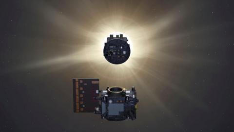 The two spacecraft flew in precise formation about 150m apart to form the artificial solar eclipse