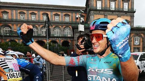 Davide Ballerini celebrates winning stage six of the Giro d'Italia