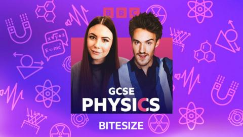 Podcast presenters with caption GCSE Physics on colourful subject icons background