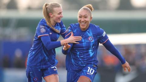 Chelsea's Lauren James celebrates scoring a late winner against Everton 