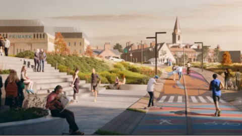 A computer-generated image of how the station area could look. There are steps on the left hand side and a walkway on the right. There are people sitting, walking and cycling.
