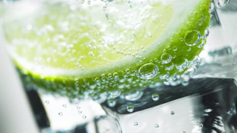 A clear, fizzy soft drink with a slice of lime and ice cubes. 