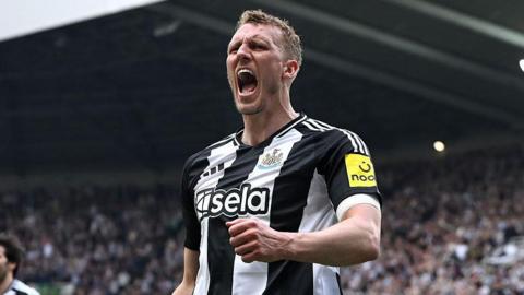 Dan Burn celebrates scoring against Ipswich in April 2025