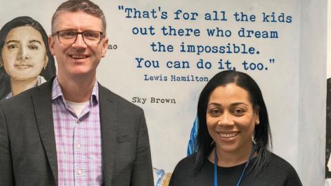 Netley Primary School head Gareth Morris with Family and Children's Champion Simone Sarosh-Cambridge