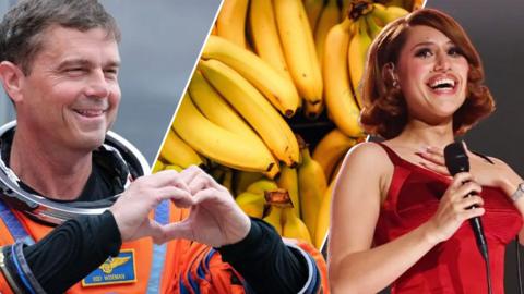Split image of Reid Wiseman (left), bananas (middle) and Raye (right)