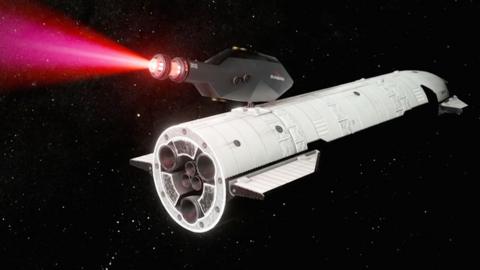 Visualisation of a rocket in space with a large engine on top producing a pink stream behind it