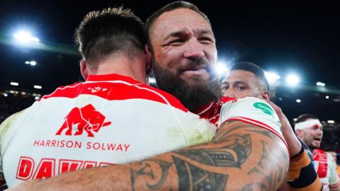 Jared Waerea-Hargreaves celebrates winning the Grand Final with Hull KR on Saturday