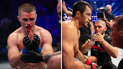Split image of Paul Hughes making a prayer sign with blood streaming down his face and Khabib Nurmagomedov giving Usman Nurmagomedov water between rounds