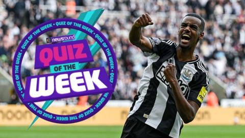 Footballer Alexander Isak and quiz of the week logo.