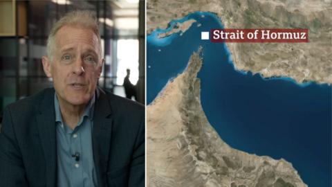Split screen image featuring Paul Adams and a map showing the Strait of Hormuz