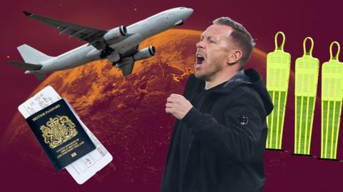 Wales boss Craig Bellamy in a montage of images including a passport, training mannequins, an aeroplane with a globe in the background