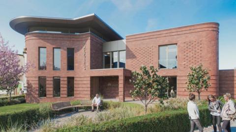 An artist's impression of a modern brown brick two-storey building with a garden area to the front with benches
