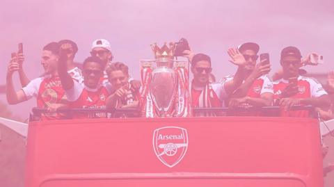 Arsenal's English midfielder #41 Declan Rice, Arsenal's Dutch defender #12 Jurrien Timber, Arsenal's Norwegian midfielder #08 Martin Odegaard, Arsenal's Spanish manager Mikel Arteta, Arsenal's French defender #02 William Saliba and Arsenal's Brazilian defender #06 Gabriel Magalhaes celebrate with the Premier League trophy during a victory parade around the streets near to the Emirates Stadium, in London, on May 31