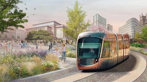 An artist's impression of a tram going through a city