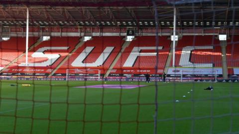 General view of the stadium interior prior to the Premier League match between Sheffield United and West Ham United at Bramall Lane with SUFC on the seats