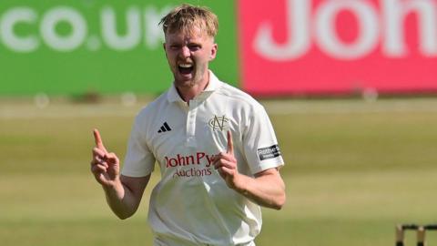 Lyndon James celebrates a wicket against Hampshire at Trent Bridge