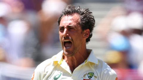 Australia fast bowler Mitchell Starc celebrates taking a wicket