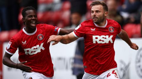 Charlton's Matty Godden celebrates his late penalty equaliser against Wrexham.