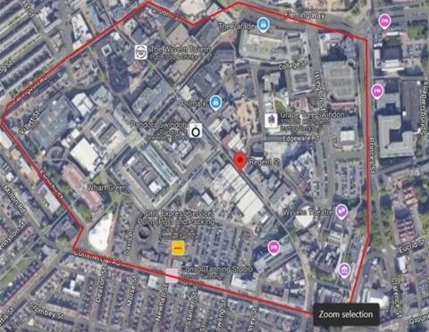 A view of Swindon town centre from above. A red line denotes the boundary of the disposal order area.