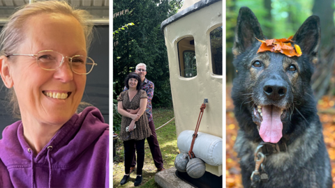 A composite image featuring a woman in glasses and a purple hoodie smiling on the left, a couple cuddling next to their relocated ship cabin, which is painted cream and sitting on a lawn with trees behind. On the right is a German shepherd looking into the camera with some autumn leaves on his head