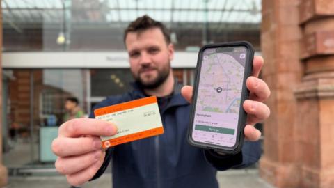A picture of the East Midlands Railway pay-as-you-go app and a traditional paper ticket