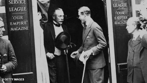 Edward, Prince of Wales, is greeted by Douglas Haig, 1st Earl Haig of Bemersyde at the headquarters of the British Empire Service League in London