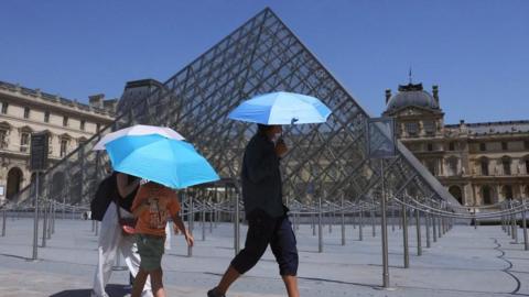 Three tourists with umbrellas walking in front of the Pyramid of the Louvre museum