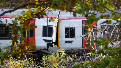 The outside of a train carriage, which is visibly damaged. It is partly obscured by the branches and leaves of a hedge in front of it.