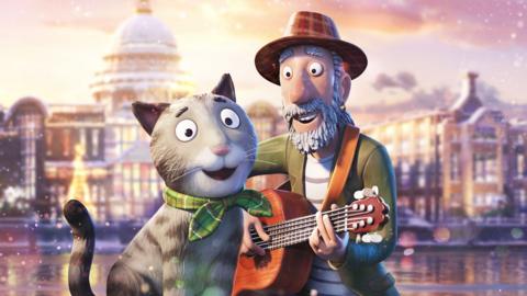 Animated grey cat Tabby McTat and his busker friend Fred on the streets of London.