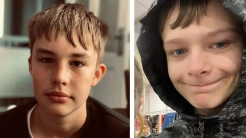 Two photos of young teenage boys, looking straight into the camera.
