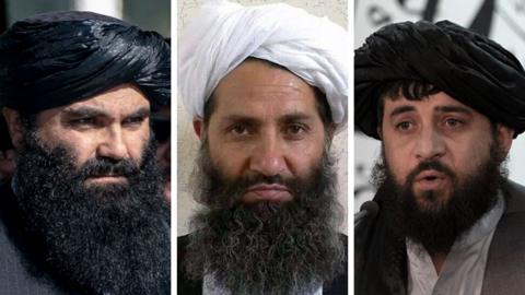 Composite imae shows headshots of three members of the Taliban - on the left, Taliban Interior Minister Sirajuddin Haqqani, in the centre is Afghan leader Hibatullah Akhundzada and on the right is Acting Defence Minister of Afghanistan Mohammad Yaqoob Mujahid.