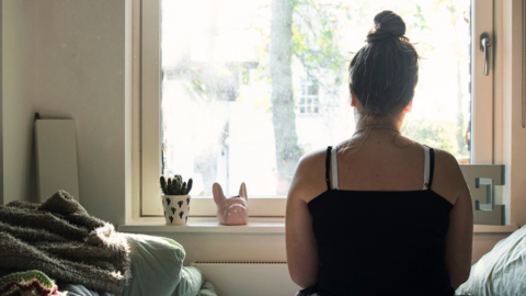 Rear view of a teenage girl looking out of the window whilst sitting on her bed. On her window sill is a cactus and a money box resembling a dog's head. She has her hair up in a bun and is wearing a black vest top. Outside the window is a tree and another residential property.