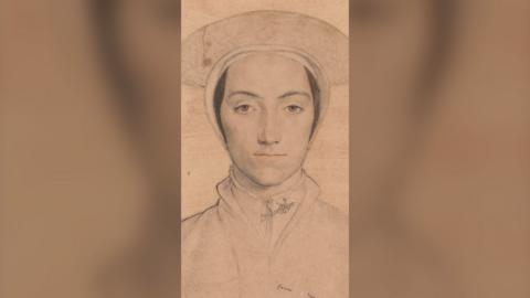 A portrait of young woman, in black ink on a beige coloured canvas. She is wearing a circular shaped hat.