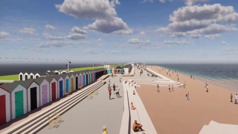An artist's impression of how Paignton's seafront will look after the completion of work. It shows people on the beach and a concrete promenade with a row of colourful beach huts. 