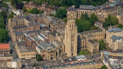 Aerial view of the University of Bristol including the Wills Memorial Building. 