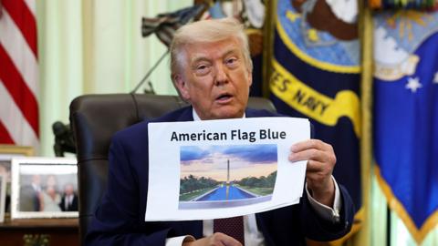 U.S. President Donald Trump displays a rendering of his proposed renovations to the Lincoln Memorial Reflecting Pool during an event in the Oval Office of the White House on June 03, 2026 in Washington, DC. 