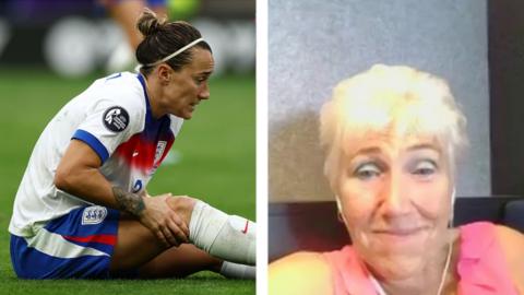 Split image of Bronze on the pitch, holding her leg, and her mum speaking to Woman's Hour programme from home