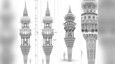 Four computer generated images of a tower with intricate designs and layers. The image is black and white and an image of a person has been placed next to it for scale.