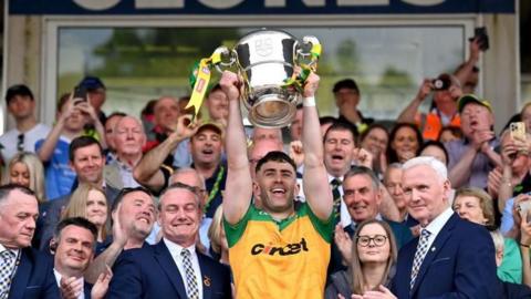 Donegal captain Patrick McBrearty lifts the Anglo-Celt Cup