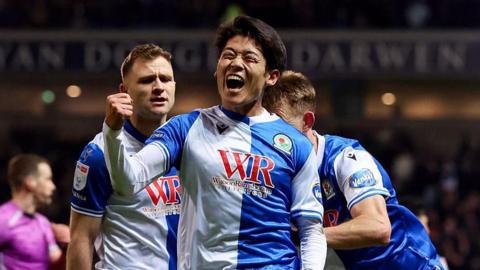 Yuki Ohashi of Blackburn Rovers celebrates scoring his winning goal against Preston