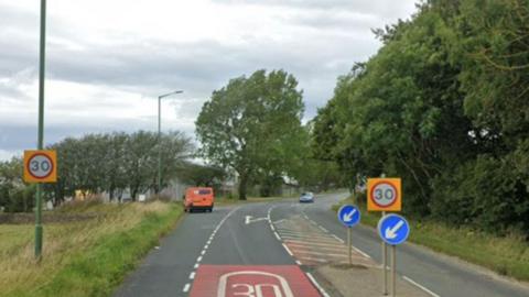 Google image of Delves Lane. There is a 30mph sign on the left-hand side of the road and another on the central reservation. An orange van is turning left further up the road and a blue car is travelling in the opposite direction. There are trees and lamp-posts to the side of the road.