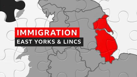 A graphic with East Yorkshire and Lincolnshire highlighted in red on a map of northern England that looks like a jigsaw puzzle. The words Immigration East Yorks and Lincs are in white on a red and black background