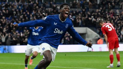 Thierno Barry celebrates his first goal for Everton