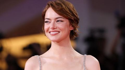 Emma Stone attends the "Bugonia" red carpet during the 82nd Venice International Film Festival on August 28, 2025 in Venice, Italy.