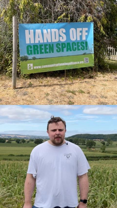 A split image, with the top image showing a poster which reads 'hands off green spaces' and the bottom image showing a man with dark hair and a beard in a white t-shirt standing in front of rolling hills and fields 