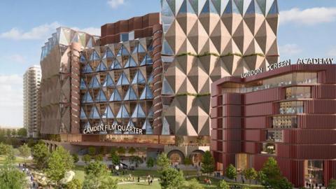 A computer generated image of a modern looking brown building, a modern looking red building and an open grass area