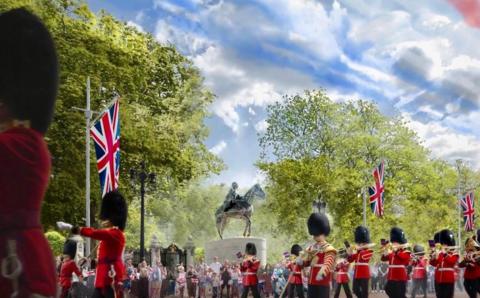 The statue of Queen Elizabeth II as it would be seen during a parade on The Mall.