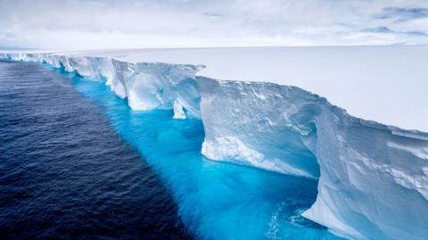The image captures a dramatic meeting point between a towering ice shelf and the open ocean. It’s a wide, cinematic view that emphasizes both scale and isolation. The ice wall is massive and vertical, stretching far into the distance. Its surface is textured with cracks, ridges, and natural sculpting, giving it a rugged, ancient look. The ice appears bluish‑white, with deeper blues in the crevices where the ice is denser.The water beside the ice shelf shifts from deep navy blue to bright turquoise. The gradient suggests varying depths and possibly meltwater mixing with the sea. The surface is relatively calm, with gentle ripples reflecting the light.